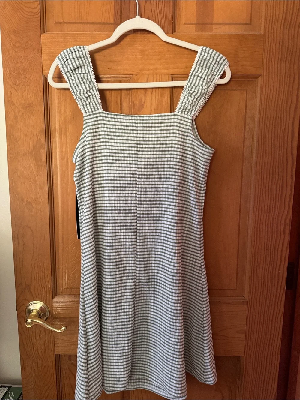 Madden Girl Green Gingham Smocked-Strap Mini Dress